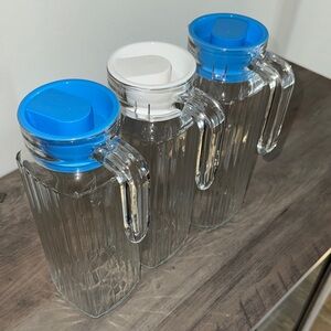 Glass Pitcher Set with Blue and White Lids